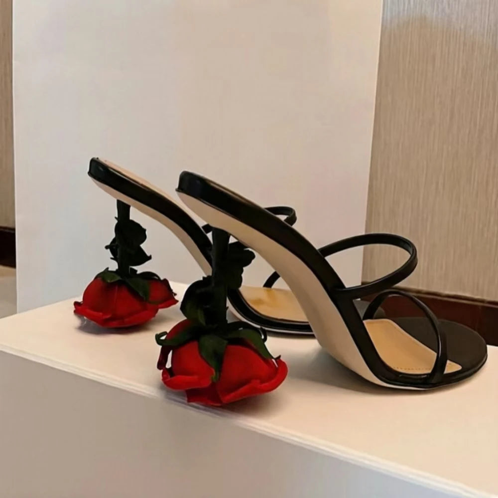 Open Toe Strappy Sandals With Rose Stem Heel Multicolor Leather Straps And Floral Accent