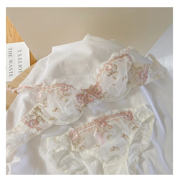 Lace Set With Embroidered Details Two-piece Sheer Push Up Bra And Matching Briefs