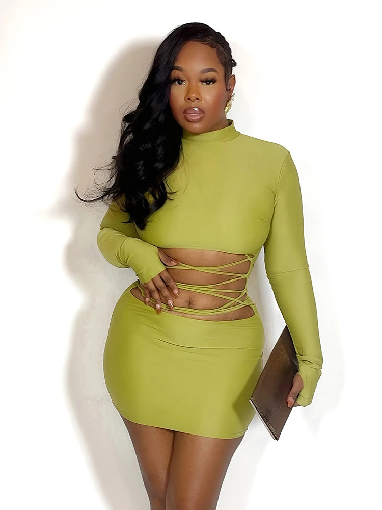 Hollow Out Bandage Mini Dress With High Collar And Long Sleeves