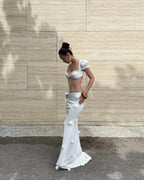 Elegant Satin Maxi With 3D Floral Embellishments Flowy Evening Skirt