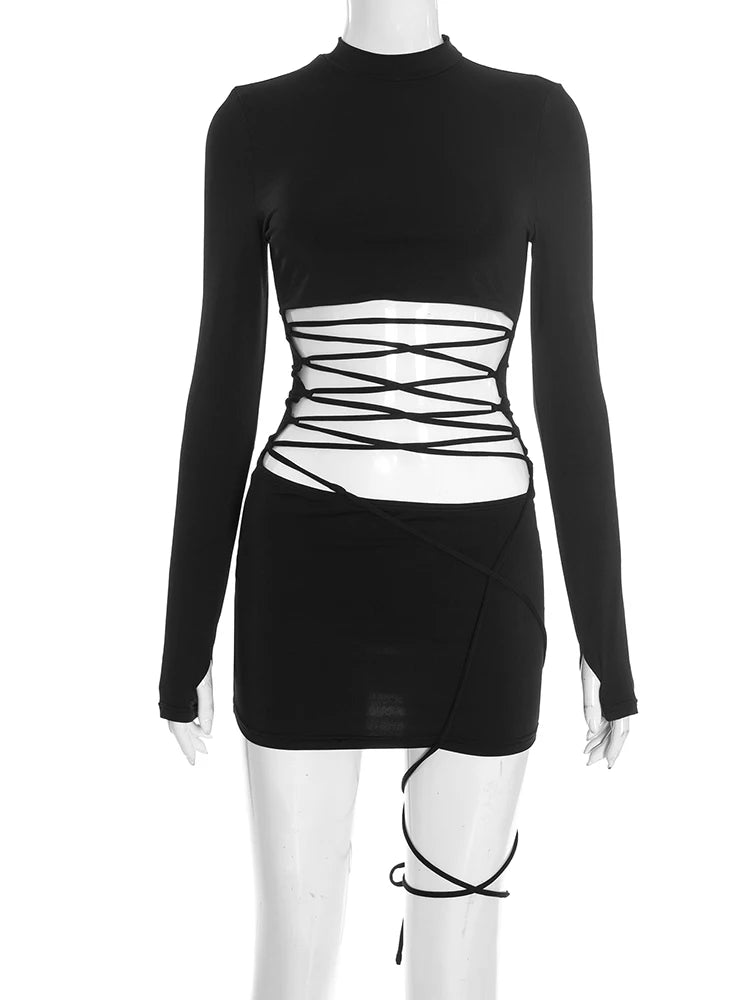 Hollow Out Bandage Mini Dress With High Collar And Long Sleeves