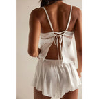 Two Piece Set With Lace Trim Backless Camisole And Floral Patchwork Shorts