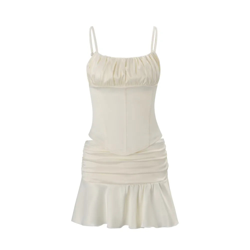 Two Piece Set Slim Top And Pleated Skirt With Ruffles