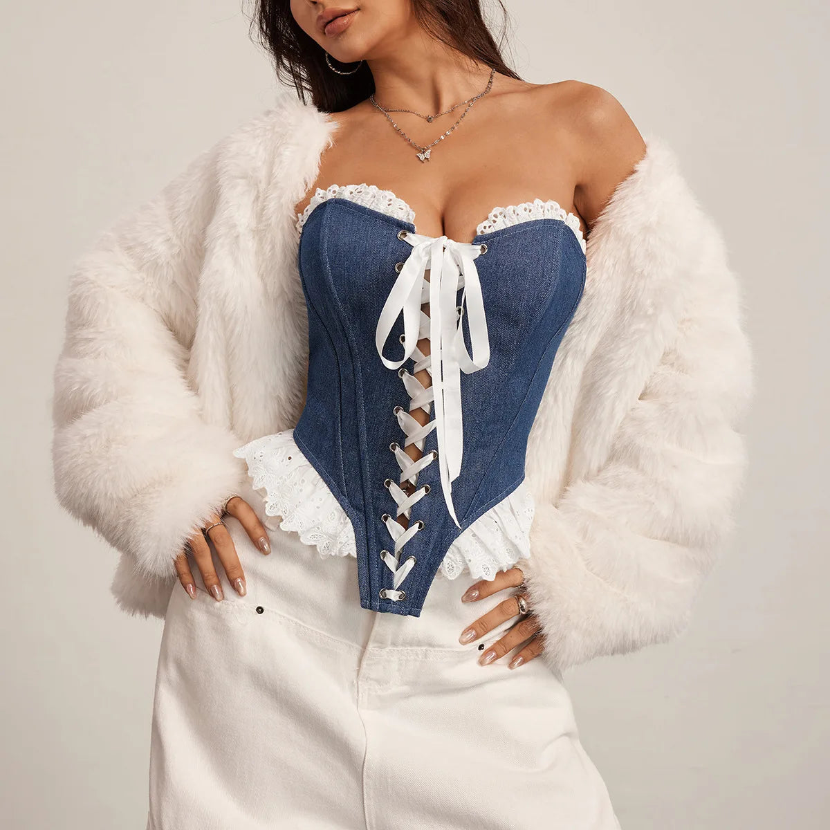 Denim Strapless Corset Top With White Lace Trim Front Lace Up Bow Sweetheart Bustier Crop Top