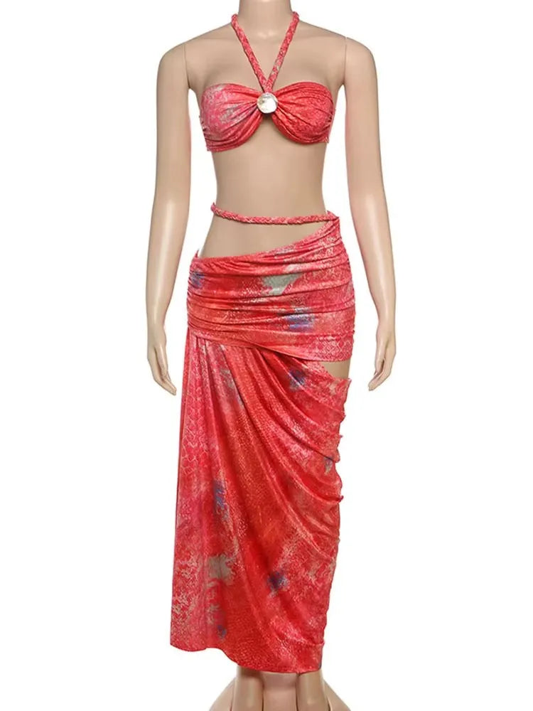 Two Piece Halter Top And Hollow Slash Maxi Skirt Set