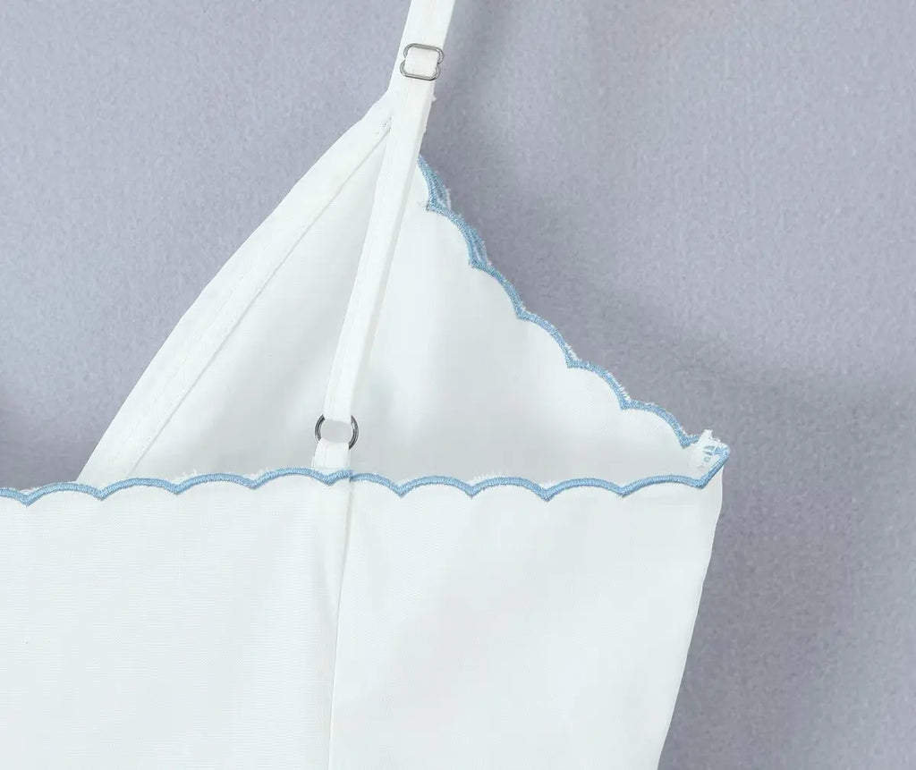 Wave Edged White Camis Sexy Bow V Neck Cotton Slim Crop Top