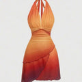 Gradient Bow Tie Backless Dress With Asymmetrical Spaghetti Detailing
