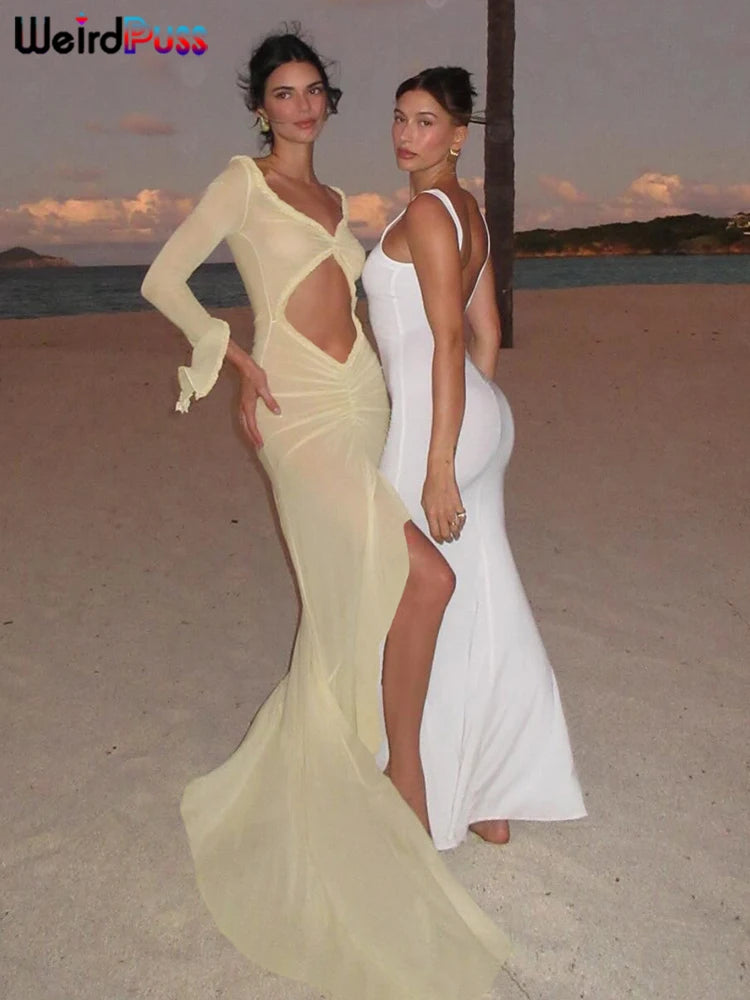 Elegant Sheer Lace Bodycon Dress With Hollow V-Neck Ruffles And Ruched Sides