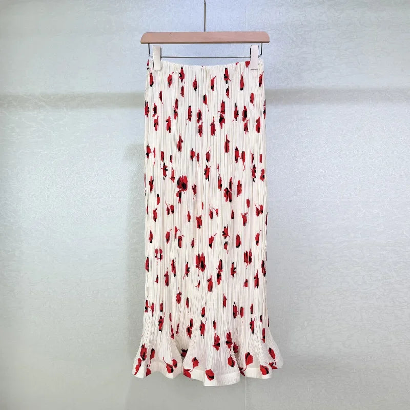 Pleated Red Print High Waist Midi Skirt And Sleeveless