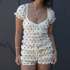 Vintage Ruffled Loungewear Set With Dot Print Top And Shorts Cozy Scoop Neck