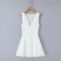 White Embroidered Lace V Neck Mini Dress With Hollow Out Detail And Back Zipper Closure