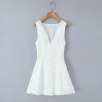 White Embroidered Lace V Neck Mini Dress With Hollow Out Detail And Back Zipper Closure