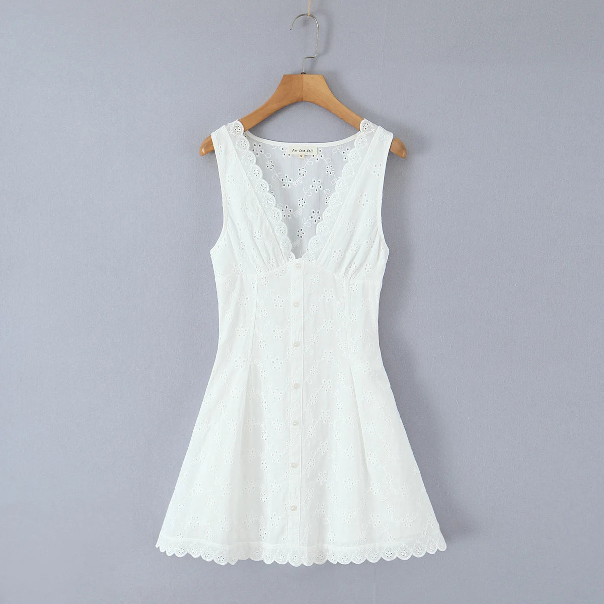 White Embroidered Lace V Neck Mini Dress With Hollow Out Detail And Back Zipper Closure