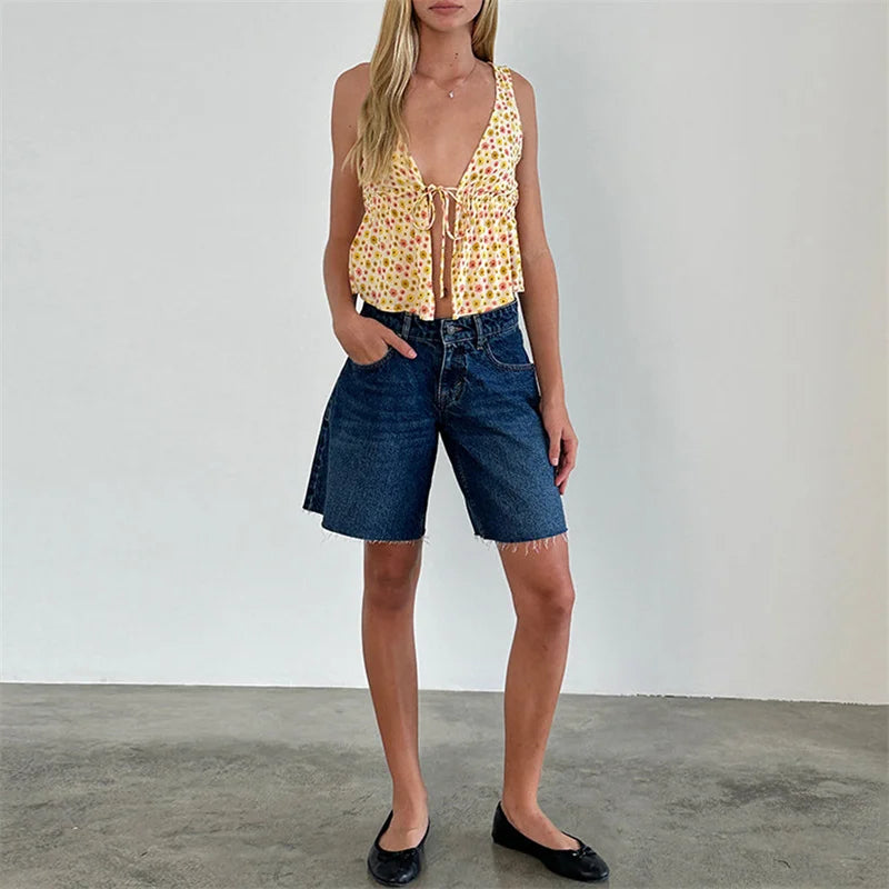 Y2K Floral Print Tie Front Tank Top for Women V Neck Sleeveless