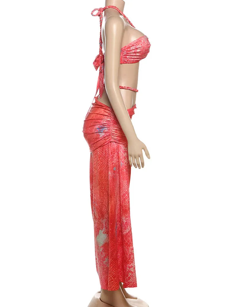 Two Piece Halter Top And Hollow Slash Maxi Skirt Set