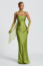 Elegant Satin Backless Halter Off-Shoulder Maxi Dress