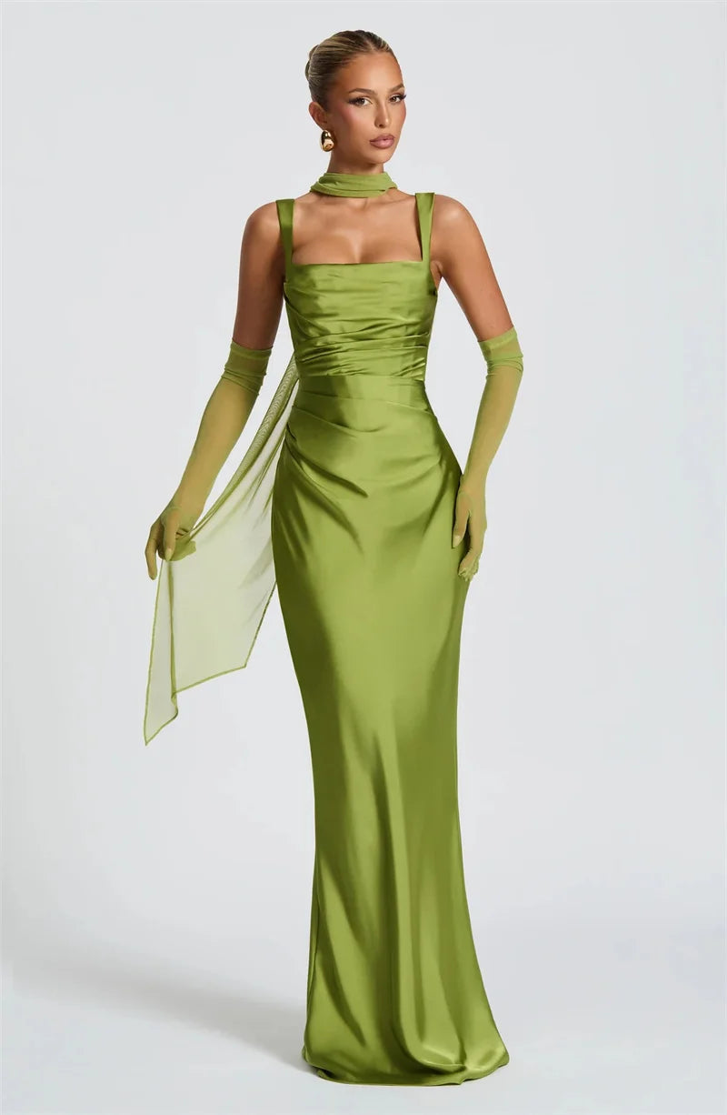 Elegant Satin Backless Halter Off-Shoulder Maxi Dress