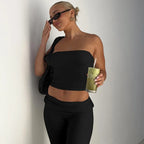Strapless Crop Top And High Waist Ruched Flare Pants Set