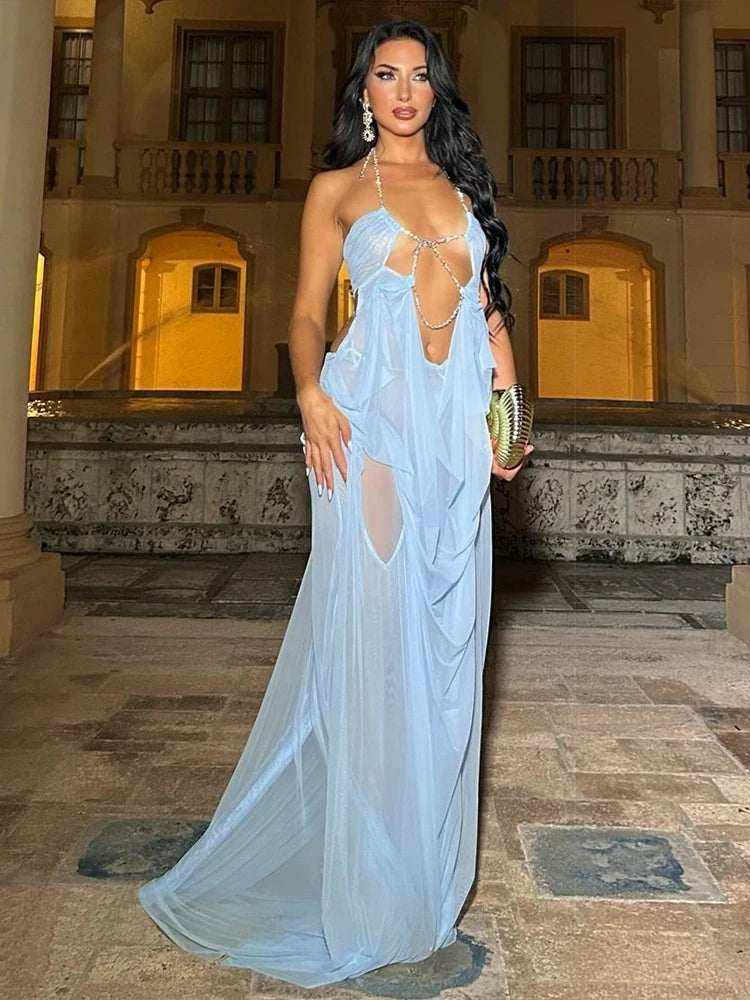 Sheer Halter Gown With Chain Detailing Backless Sleeveless