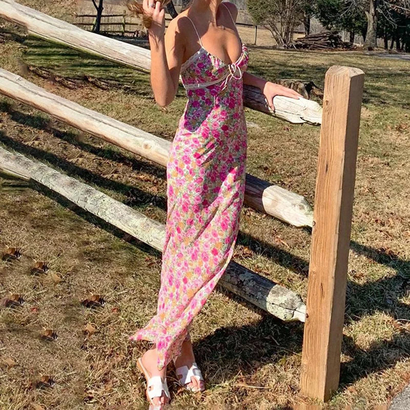 Floral Lace Trim Spaghetti Strap Maxi Dress