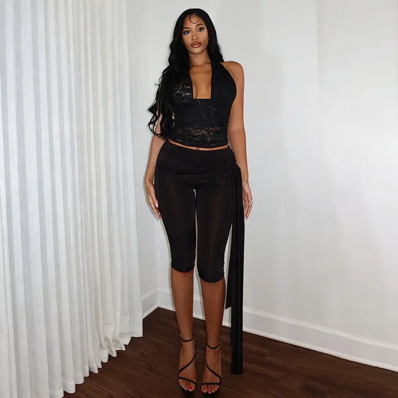 Lace Two Piece Set With Halter Backless Crop Top And Tie Waist Capri Pants See Through