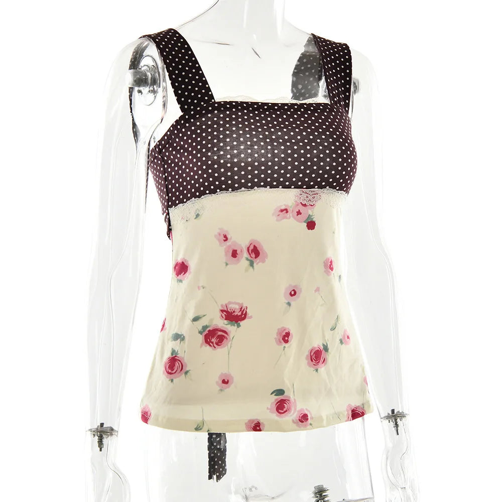 Patchwork Polka Dot Lace Camis Top With Square Collar Floral