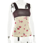 Patchwork Polka Dot Lace Camis Top With Square Collar Floral