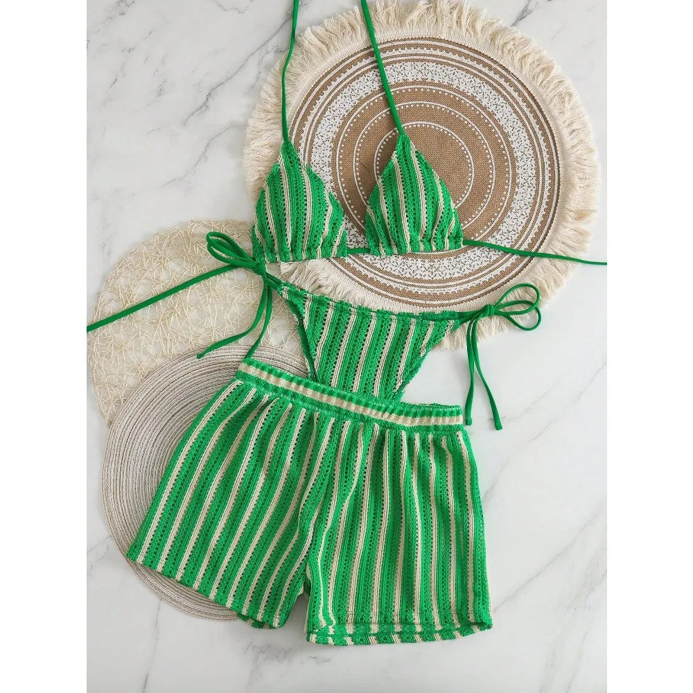Retro Striped 3 Pieces Knitted Mesh String Bikini Set Swimsuit
