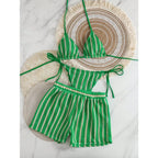 Retro Striped 3 Pieces Knitted Mesh String Bikini Set Swimsuit