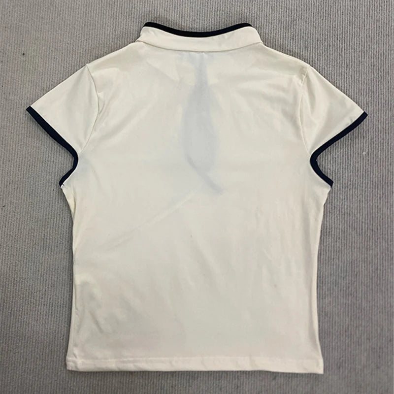 Ladies Blouse With Mandarin Collar Short Sleeve Crop Top Keyhole Frog Button Vintage Asymmetrical Design