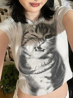 Animal Print Crop Top In White Slim Fit Crewneck Tee For Casual Vintage Vibe Everyday Chic