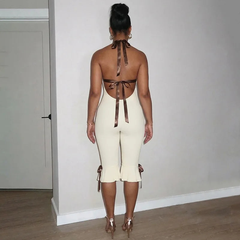 Lace Up Halter Bow Jumpsuit For Women V Neck Backless