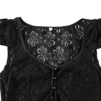 Sheer Lace Mini Dress With V Neck Short Sleeves Hollow Details