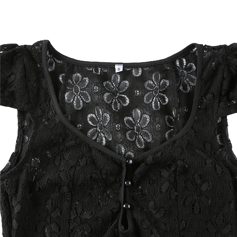 Sheer Lace Mini Dress With V Neck Short Sleeves Hollow Details