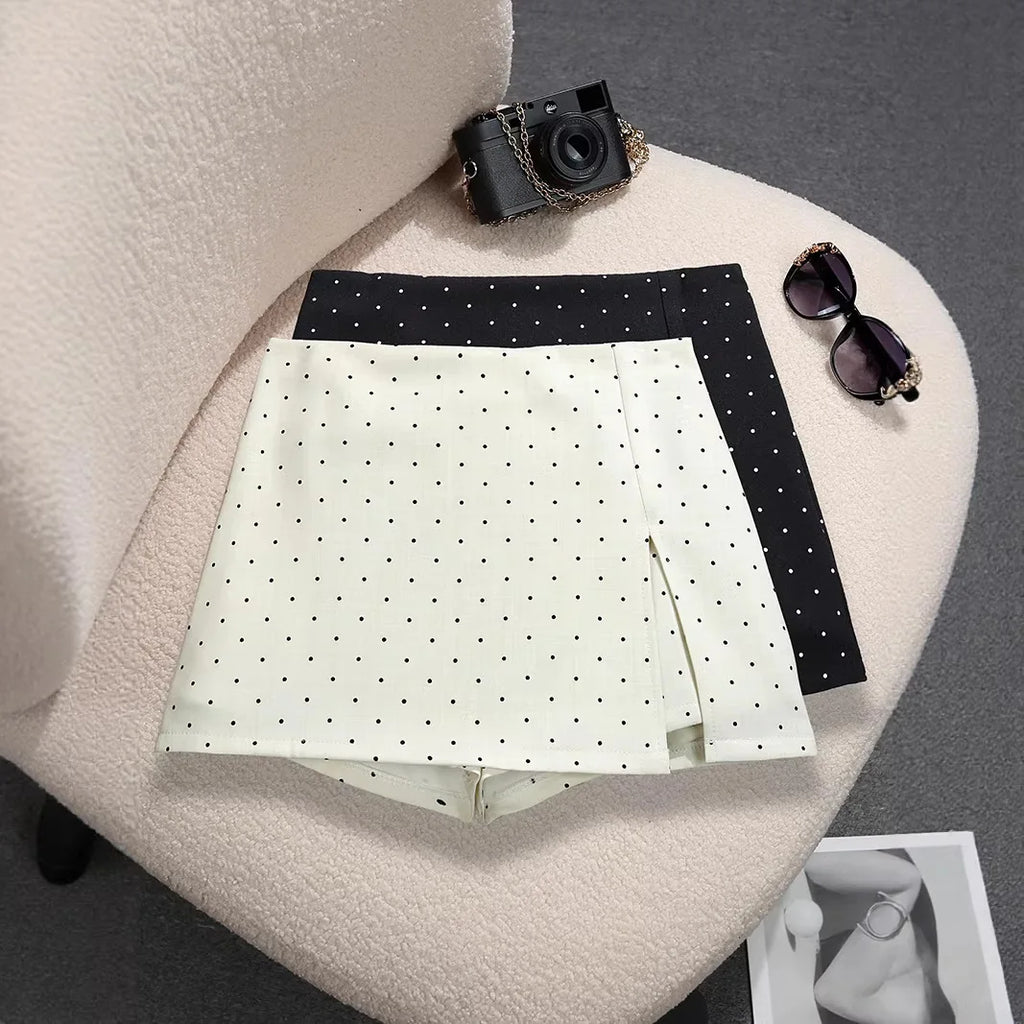 Mini Dots Pattern High Waist Skirt With Double Slits