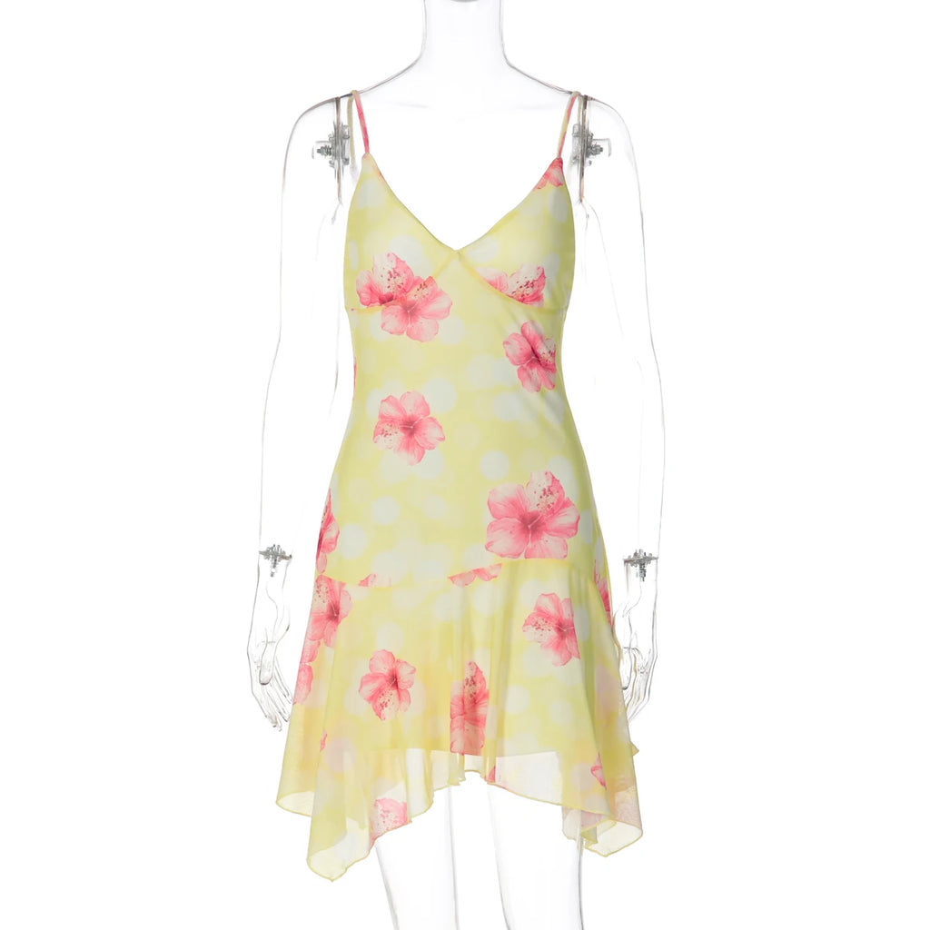Fashion Floral Print V Neck Backless Sexy Ruffles Irregular Mini Dress