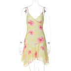 Fashion Floral Print V Neck Backless Sexy Ruffles Irregular Mini Dress