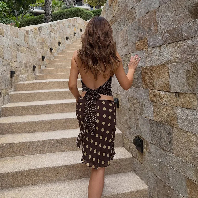 Polka Dot Satin Mesh Midi Skirt With High Waist A Line