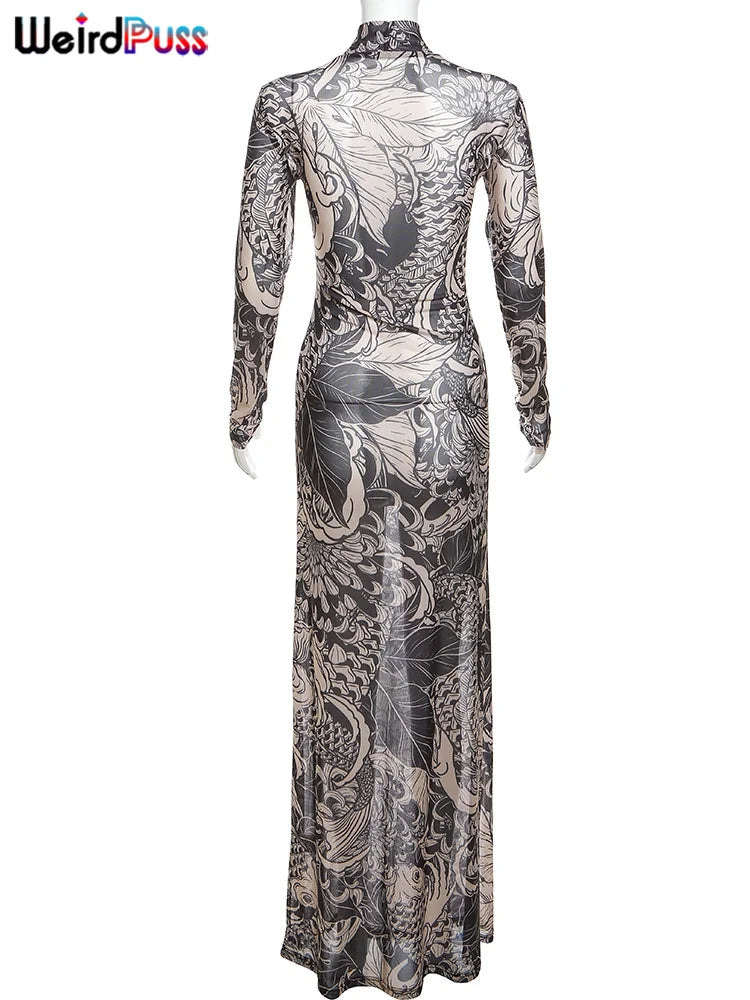 Mesh Print Maxi Bodycon Dress With Turtleneck And Long Sleeves