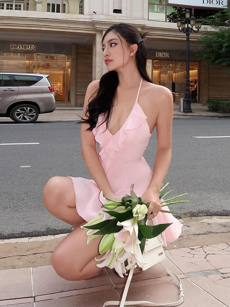 Halter Ruffle V Neck Backless Sexy Mini Bodycon Dress