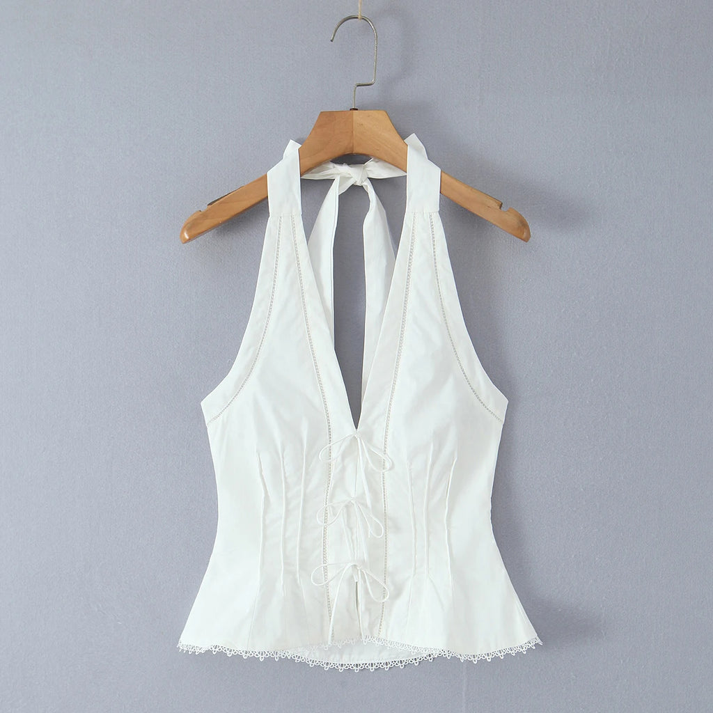 Sexy White Bow Halter V neck Open Buttons Slim Tank Top Women Spliced Ruffles Lace Hem Sleeveless Backless