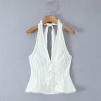 Sexy White Bow Halter V neck Open Buttons Slim Tank Top Women Spliced Ruffles Lace Hem Sleeveless Backless