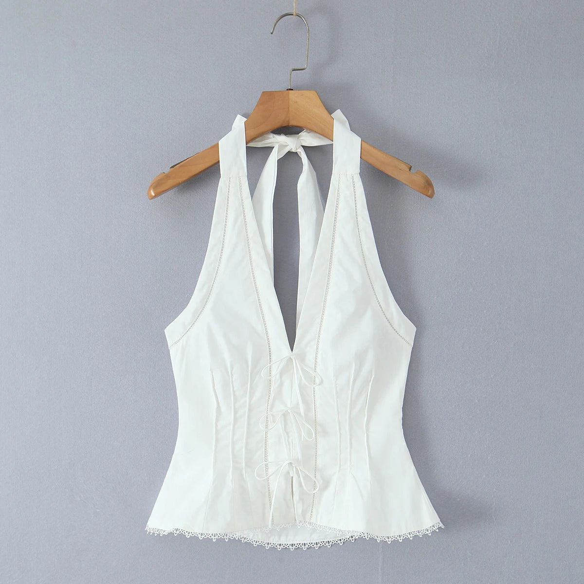 Sexy White Bow Halter V neck Open Buttons Slim Tank Top Women Spliced Ruffles Lace Hem Sleeveless Backless