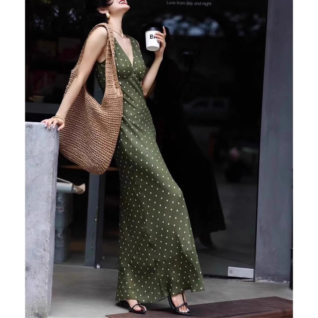 Polka Dot Chiffon V Neck Dress For Women
