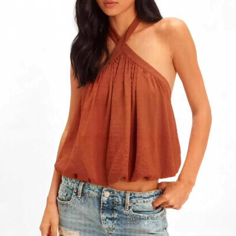 Cross Button Halter Top With Backless Design And Puffball Hem
