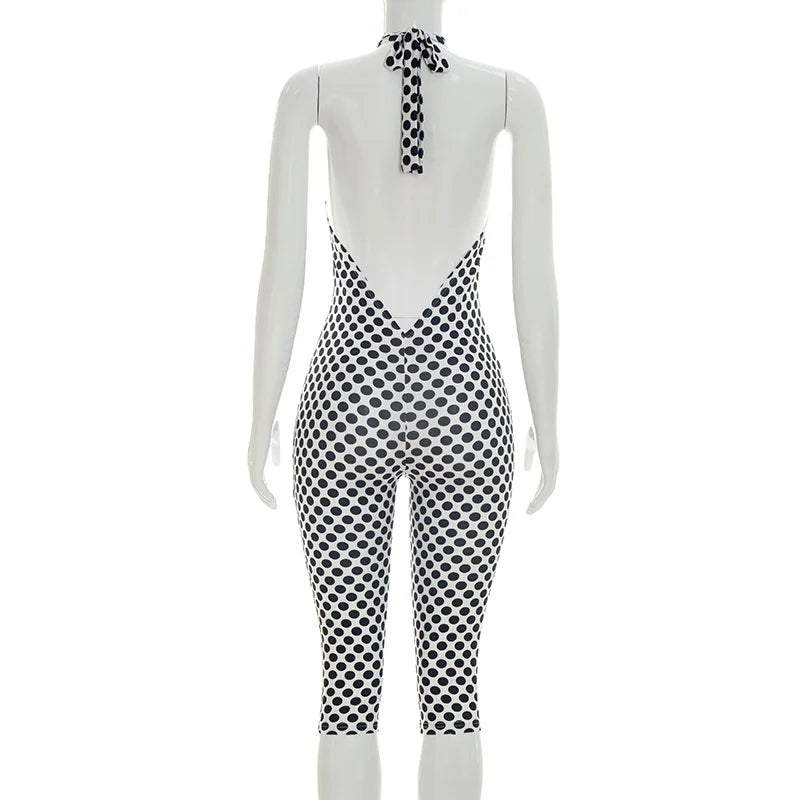 Polka Dot Halter Romper For Women Backless Sleeveless Slim Fit