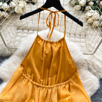 Cascading Ruffles Lace Up Halter Backless Dress
