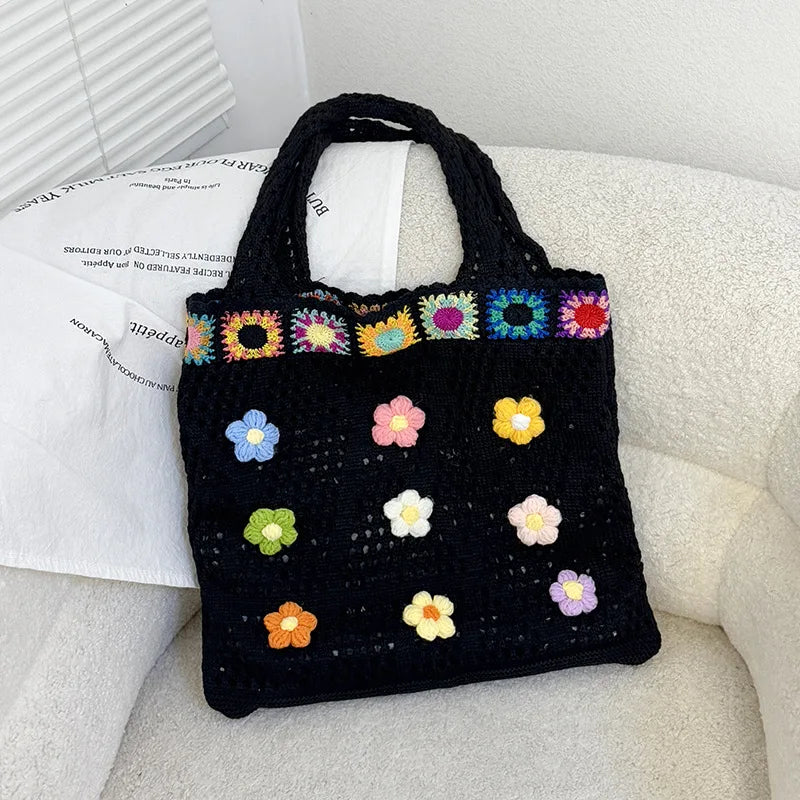 Boho Knitting Shoulder Bag With Floral Crochet