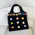 Boho Knitting Shoulder Bag With Floral Crochet