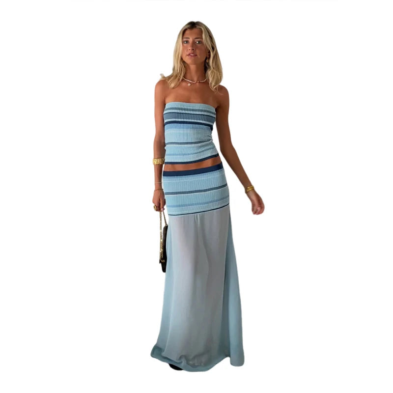 Striped Knit Two Piece Set With Mesh Patchwork Long Skirt